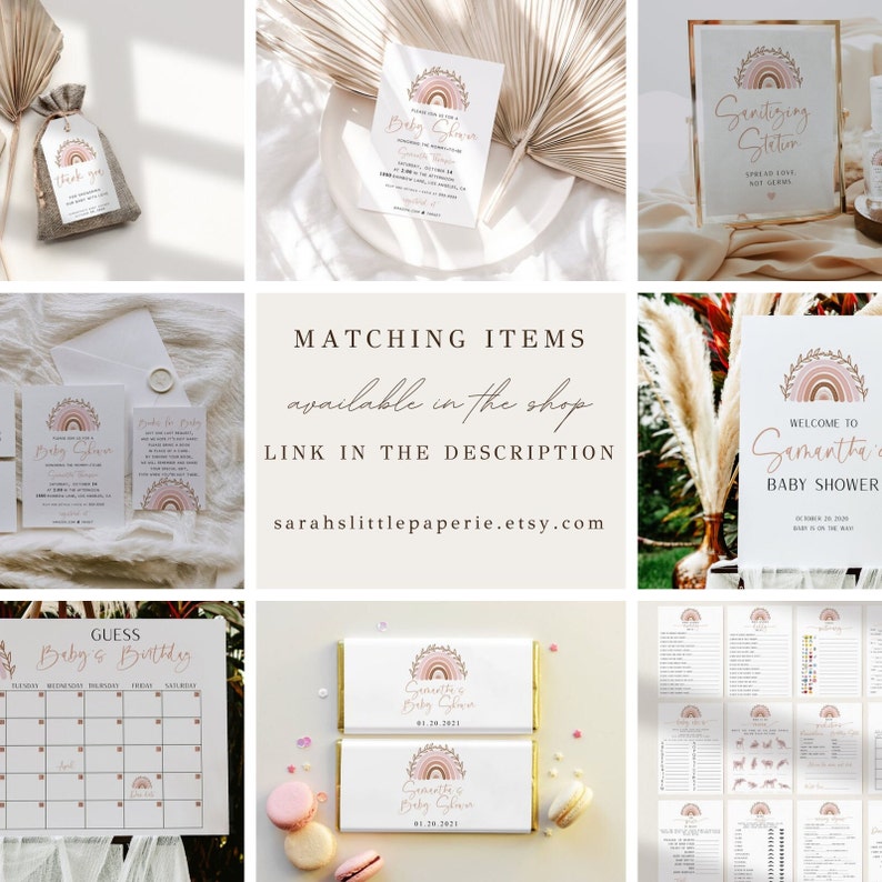 May include: A set of printable baby shower decorations with a boho rainbow theme. The set includes invitations, a welcome sign, a sanitizing station sign, a guess the baby's birthday calendar, and chocolate bar wrappers. The decorations feature a pink and brown color scheme with gold accents.