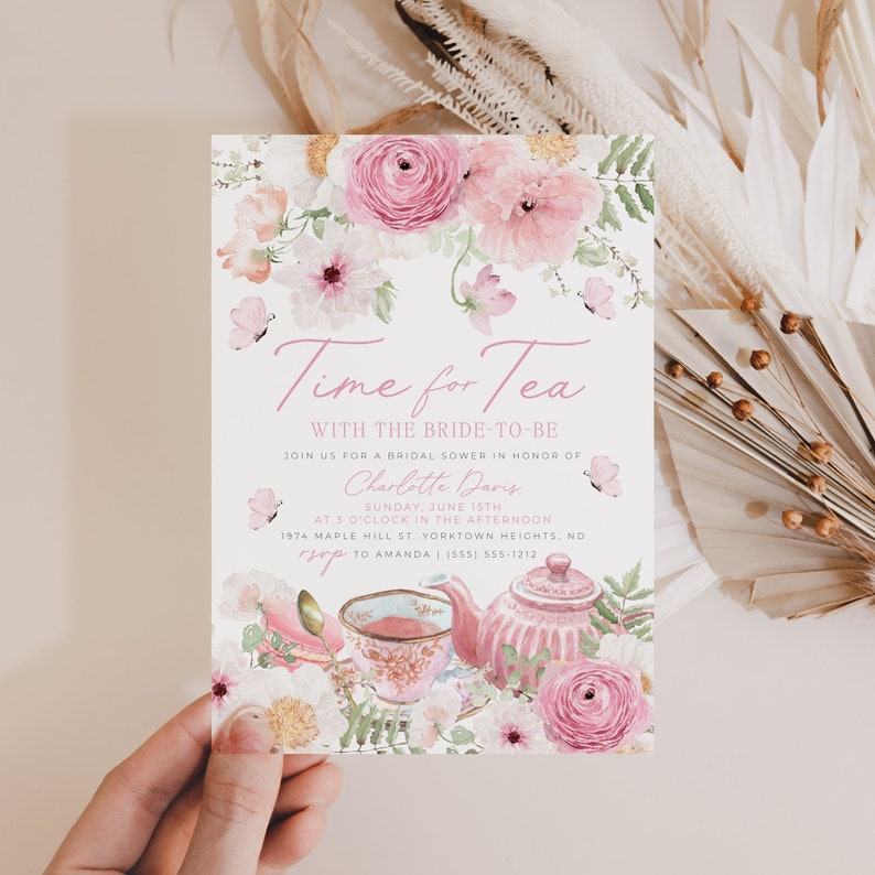 Time for Tea Bridal Shower Invitation template with pink floral teapot, teacup and golden spoons. It includes roses, pink flowers, daisies and greenery,