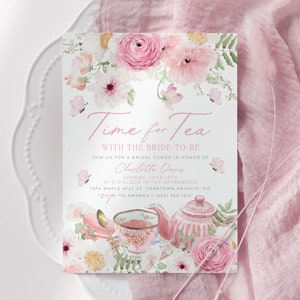 Time for Tea Bridal Shower Invitation template with pink floral teapot, teacup and golden spoons. It includes roses, pink flowers, daisies and greenery,