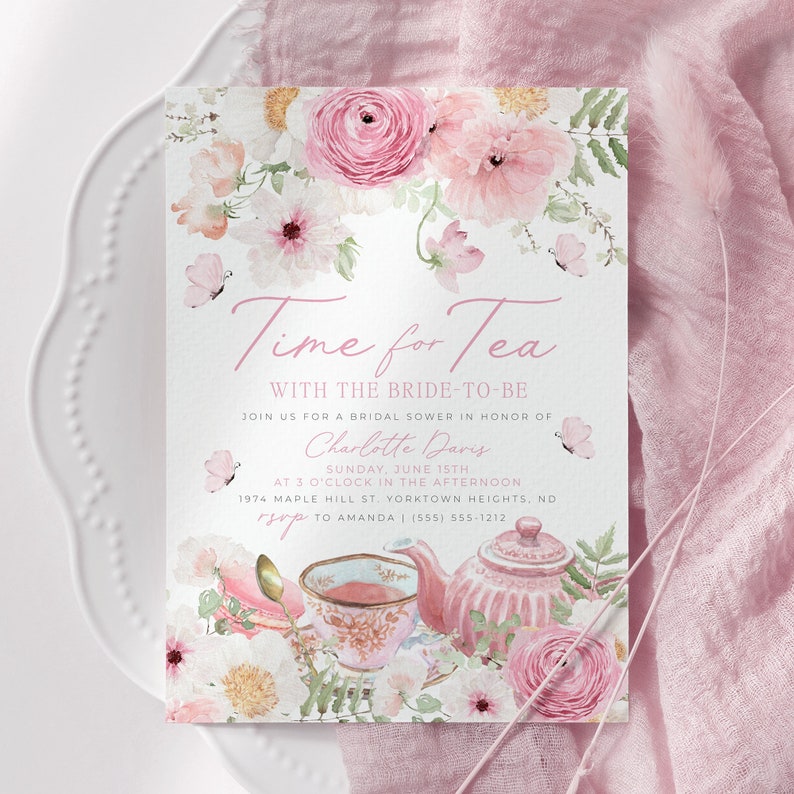 Time for Tea Bridal Shower Invitation template with pink floral teapot, teacup and golden spoons. It includes roses, pink flowers, daisies and greenery,