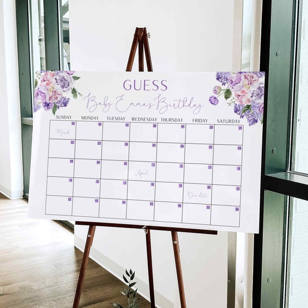 Guess Baby's Birthday Calendar, Due Date Calendar,  Purple and Blush Pink Flowers Baby Shower Game, Baby in Bloom Baby Shower Game