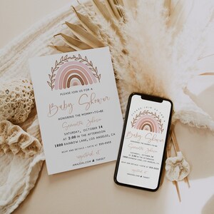 May include: A pink and brown rainbow with a leafy border on a white card. The card is a baby shower invitation for Samantha Johnson. The invitation includes the date, time, location, and RSVP information. The text "registered at Amazon.com & Target" is also included.