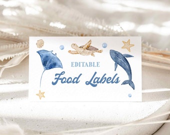 May include: Editable food labels with a blue stingray, a sea turtle, a whale, and starfish on a white background. The text says "Editable Food Labels".