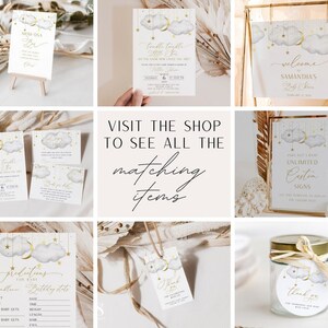 May include: A set of printable baby shower decorations with a celestial theme. The decorations feature clouds, stars, and moons in shades of gray and gold. The text on the signs reads "Twinkle Twinkle Little Star", "Welcome to Samantha's Baby Shower", and "You Say I Have Unlimited Custom Signs".