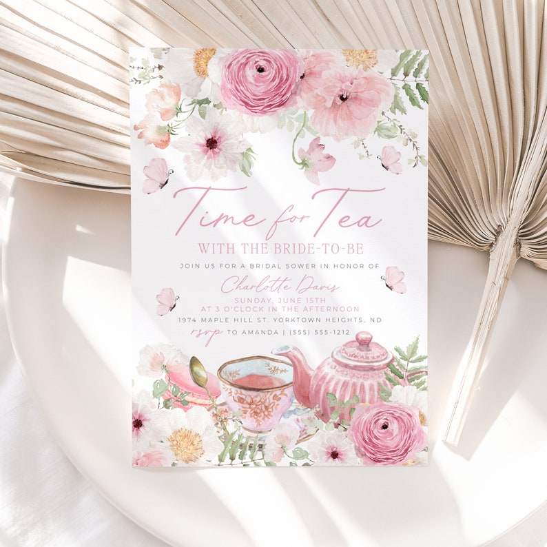 Time for Tea Bridal Shower Invitation template with pink floral teapot, teacup and golden spoons. It includes roses, pink flowers, daisies and greenery,