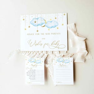 Ratschläge für die neuen Eltern und Wünsche für Baby Set, Blaue Babyparty Ratschläge und Wünsche Set, Sofort Download, Mond Sterne Thema | BTTLS
