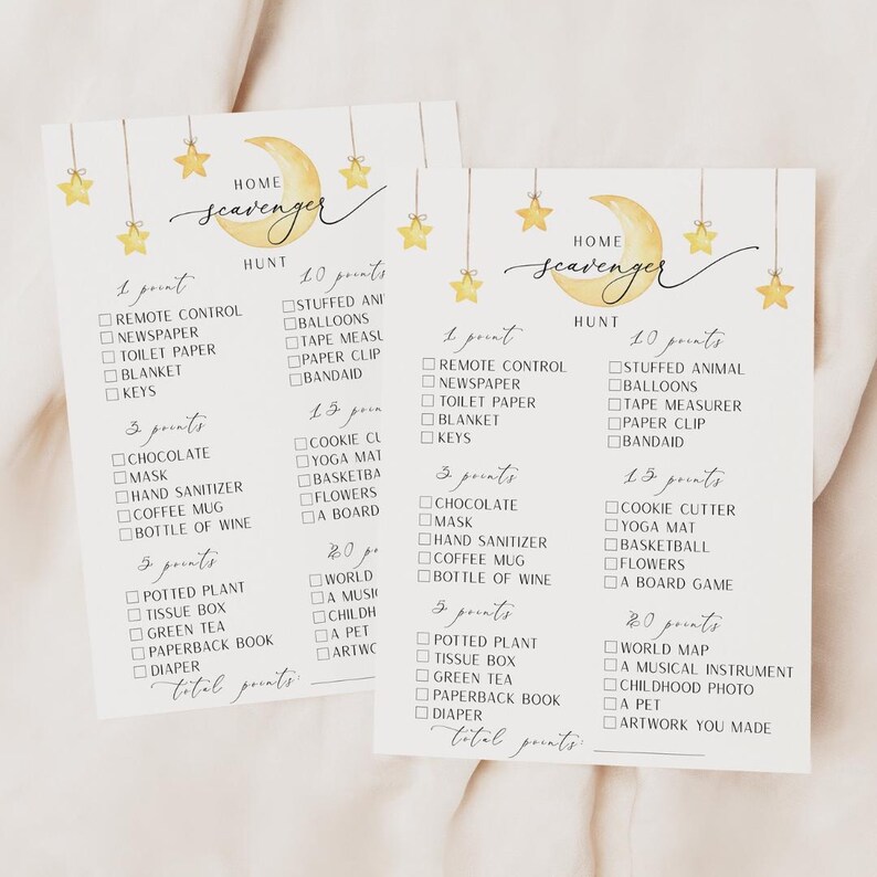 May include: Two printable scavenger hunt lists with a moon and stars theme. The lists include items to find around the house, with points assigned to each item. The lists are titled "Home Scavenger Hunt".