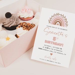 May include: A pink and brown rainbow with leaves on a white background. The text reads "Please join us to celebrate Samantha's 5th Birthday! Saturday, October 14 at 2:00 in the afternoon 1800 Rainbow Lane, Los Angeles, CA Kindly reply to Katie at 355-5555 by June 15th".