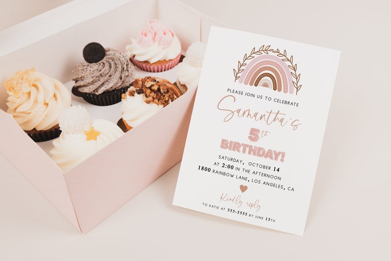 May include: A pink and brown rainbow with leaves on a white background. The text reads "Please join us to celebrate Samantha's 5th Birthday! Saturday, October 14 at 2:00 in the afternoon 1800 Rainbow Lane, Los Angeles, CA Kindly reply to Katie at 355-5555 by June 15th".