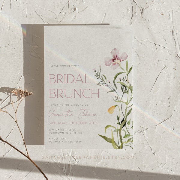 Simple Wildflower Bridal Brunch Invitation, Summer Pink Wildflowers Bridal Shower Invite | INSTANT DOWNLOAD