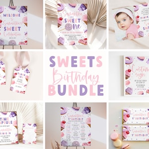 Sweet One Birthday Bundle, Pastel Sweets Birthday Invite Set,, Donut & Candy First Birthday Bundle , Dessert Party Bundle | INSTANT DOWNLOAD
