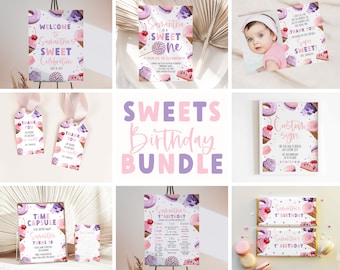 Sweet One Birthday Bundle, Pastel Sweets Birthday Invite Set,, Donut & Candy First Birthday Bundle , Dessert Party Bundle | INSTANT DOWNLOAD