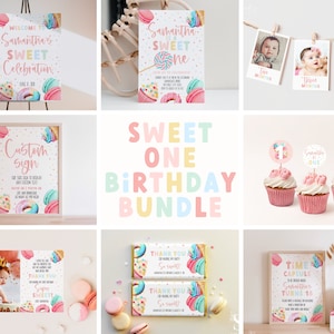 Sweet One Birthday Bundle, Pastel Sweets Birthday Invite Set,, Donut & Candy First Birthday Bundle , Dessert Party Bundle | INSTANT DOWNLOAD
