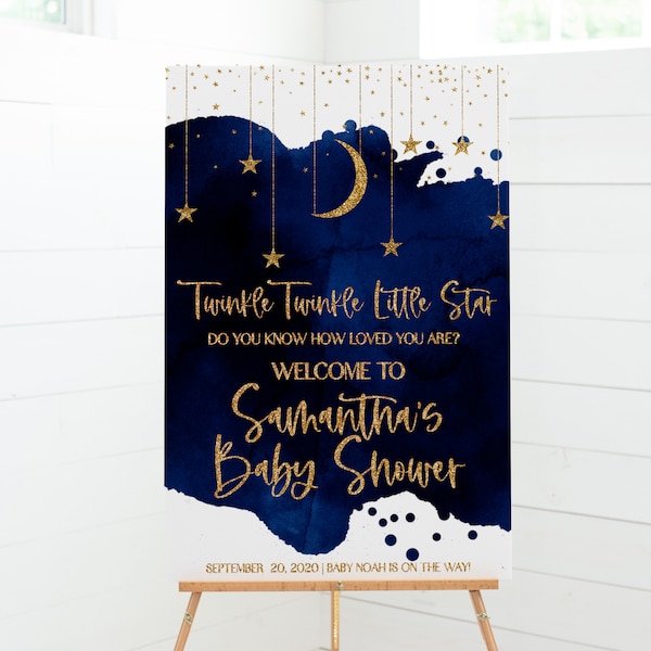 Twinkle Twinkle Little Star Baby Shower Welcome Sign, Gold and Navy Baby Shower Sign,Watercolor Sign, Editable Welcome Sign,Instant Download