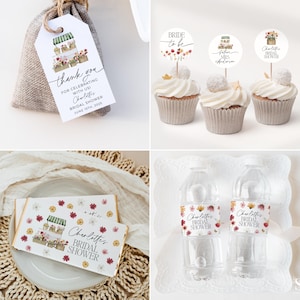 May include: A set of bridal shower party decorations featuring a floral and greenery theme. The decorations include cupcake toppers, water bottle labels, favor bags, and chocolate bar wrappers. The text on the decorations says "Bride to be", "Future Mrs. [Name]", and "Charlotte's Bridal Shower".