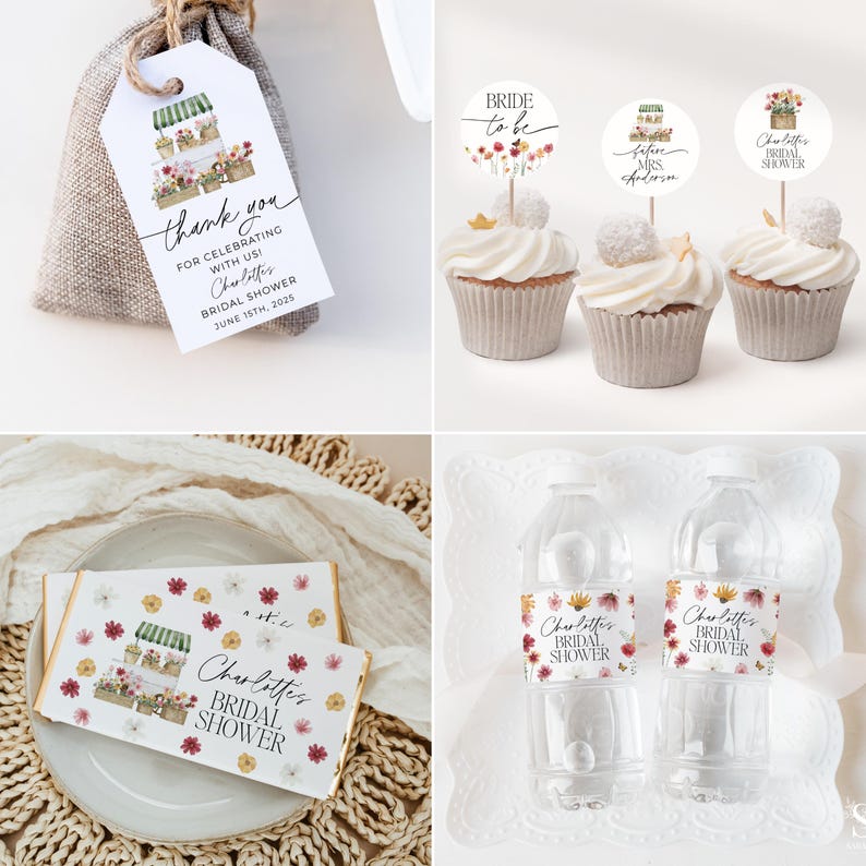 May include: A set of bridal shower party decorations featuring a floral and greenery theme. The decorations include cupcake toppers, water bottle labels, favor bags, and chocolate bar wrappers. The text on the decorations says "Bride to be", "Future Mrs. [Name]", and "Charlotte's Bridal Shower".