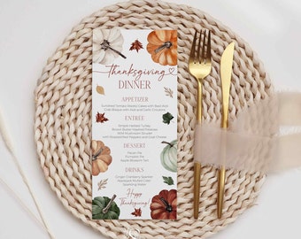 Thanksgiving Dinner Menu |  Pumpkin Thanksgiving Dinner Menu | fully Editable Printable Template