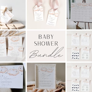 May include: A baby shower bundle with a celestial theme. The bundle includes invitations, thank you tags, a welcome sign, a game, and a sign for a gift table. The design features clouds, stars, and a moon in soft pink and grey tones.
