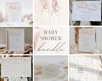 Baby Shower Full Bundle, Twinkle Twinkle Little Star Baby Shower Invitation Bundle, Gold Moon Stars Theme, Moon and Clouds Invitation Set