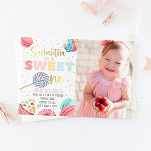 Sweet One Birthday Photo Invitation, Editable Fist Birthday Invitation, Candy and Donuts Birthday Invitation, Instant Download