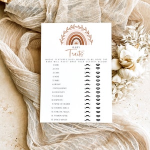 Baby Eigenschaften Spiel, Boho Regenbogen Baby Eigenschaften Spiel Karte, Baby Shower Spiel, Terrakotta Gedämpfte Töne Spiel | SOFORTIGER DOWNLOAD | EDITIERBARE BR03