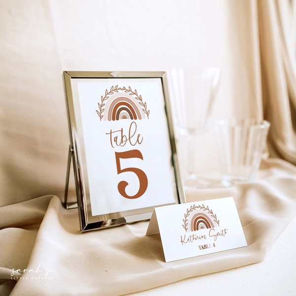 Table Numbers + Place Cards Templates, Bohemian Rainbow Table Number, Muted Tones Rainbow Place Cards, Gender Neutral | BR03