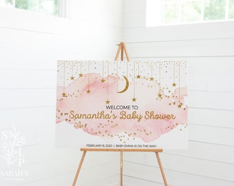 Może przedstawiać: Witamy na Baby Shower Samantha z różowym akwarelowym tłem i złotymi błyszczącymi gwiazdami oraz rosnącym księżycem. Tekst "Luty 8, 2020 | Baby Emma jest w drodze!" znajduje się na dole znaku.