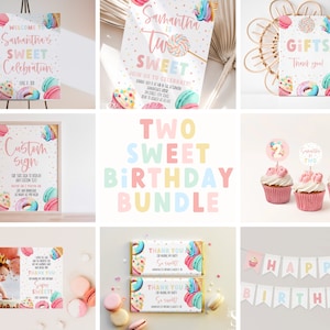 Lot de deux anniversaires sucrés, ensemble d'invitations d'anniversaire de bonbons pastel,, lot d'anniversaire de beignets et de bonbons, lot de fête de dessert | TÉLÉCHARGEMENT INSTANTANÉ