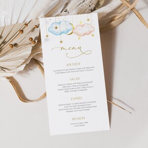 Menu blu e rosa, 4x9", Menu di rivelazione di genere, Menu modificabile, Menu delle stelle della luna d'oro, DOWNLOAD IMMEDIATO