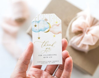 May include: A white thank you tag with gold lettering and a watercolor illustration of clouds and stars. The text reads "Thank you for celebrating with us! Samantha's Baby Shower January 17, 2021".