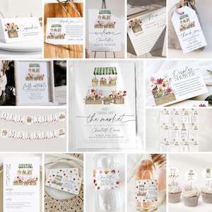 Può includere: Un set di inviti e decorazioni stampabili per un addio al nubilato con un'illustrazione ad acquerello di un banchetto di mercato di fiori con composizioni floreali in cesti. L'invito recita "She's Fresh Off the Market" e include il nome della sposa, la data e l'ora dell'evento. Altri articoli includono un cartello di benvenuto, una scheda ricetta, un'etichetta di ringraziamento, un menu e decorazioni per cupcake.