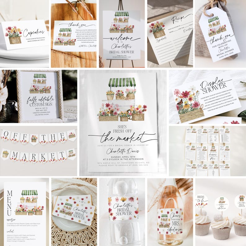 May include: A set of printable bridal shower invitations and decorations featuring a watercolor illustration of a flower market stand with floral arrangements in baskets. The invitation reads "She's Fresh Off the Market" and includes the bride's name, date, and time of the event. Other items include a welcome sign, a recipe card, a thank you tag, a menu, and cupcake toppers.