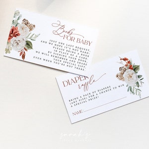 Diaper Raffle Ticket + Books for Baby Card, Winter Greenery Themed Baby Shower Card Set of 2| EDITABLE | INSTANT DOWNLOAD