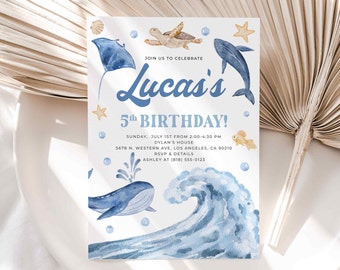 Ocean Birthday Invitation, Nautical Kids Birthday Party Invitation, Sea Creatures Birthday Invite, Underwater Party Invitation