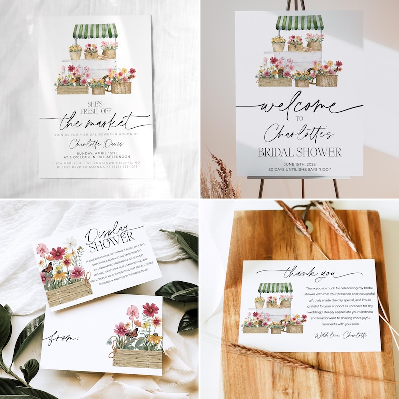 May include: Four printable cards for a bridal shower. The cards feature a watercolor illustration of a flower market stall with a green awning. The text on the cards reads "She's Fresh Off the Market", "Welcome to Charlotte's Bridal Shower", "Display Shower", and "Thank You".