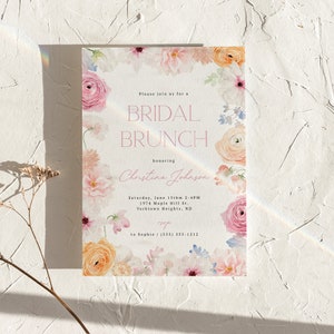 Romantic Floral Bridal Brunch Invitation, Pink Flowers Bridal Shower Editable Invitation Template