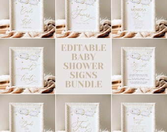 May include: A collection of framed baby shower signs with a celestial theme. Each sign features gold text and illustrations of clouds, stars, and moons. The signs include phrases like "Cards and Gifts," "Favors," and "Sweets and Treats."