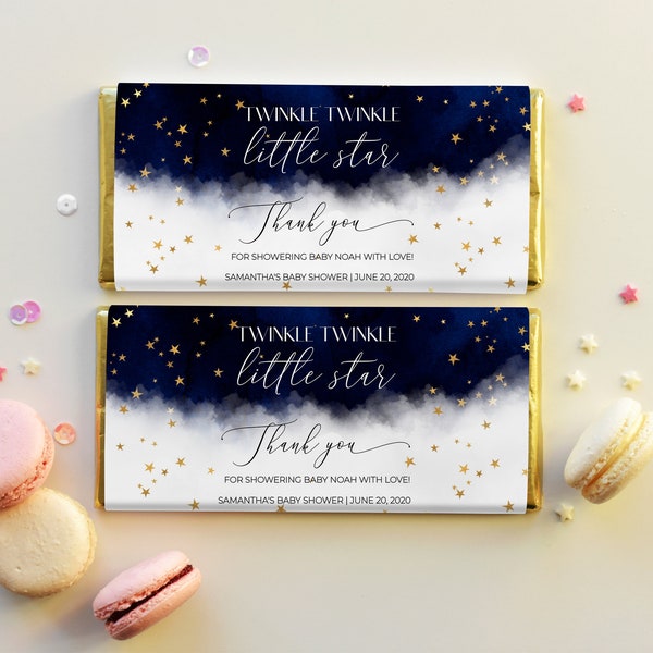 Twinkle Twinkle Little Star Candy Bar Wrappers, EDITABLE, Navy and Gold Chocolate Bar Wrappers, INSTANT DOWNLOAD