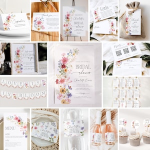 May include: A collection of floral-themed bridal shower stationery, including invitations, thank you cards, menu cards, and cupcake toppers. The designs feature watercolor flowers in pink, purple, and yellow, with elegant calligraphy.