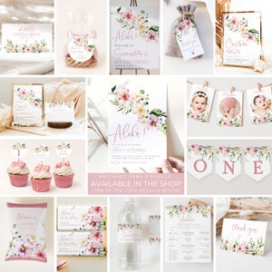 May include: A set of printable party decorations for a first birthday party with a tropical theme. The decorations feature watercolor flowers, leaves, and the text "Aloha!" in pink and green. The set includes a welcome sign, a banner, cupcake toppers, food labels, a favor bag, and a thank you card.
