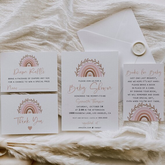 Boho Rainbow Baby Shower Invitation Bundle, Dusty Rose Boho Rainbow Invite Set, Terracotta Baby Shower Invitation Bundle BR01