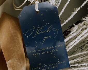 Navy Blue and Gold Baby Shower Favor Tags,  Moon Stars  Favor Tags, Navy Blue Gift Tags, Editable, Instant Download