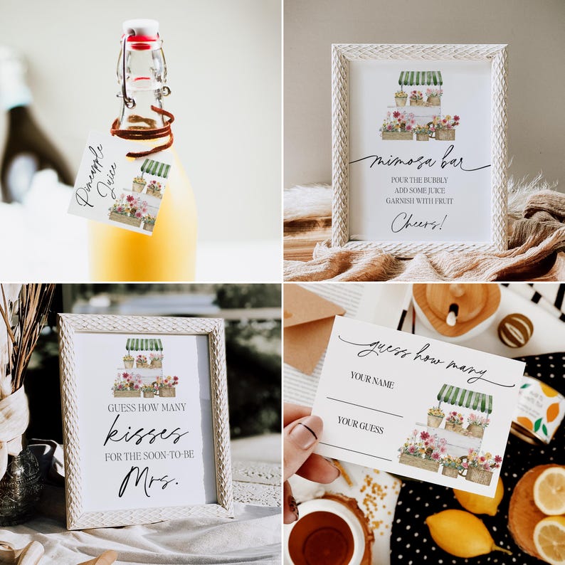 May include: A set of printable bridal shower decorations featuring a floral market theme. The decorations include a sign for a mimosa bar, a sign for a kissing game, and a card for guests to guess how many kisses the bride-to-be will receive.