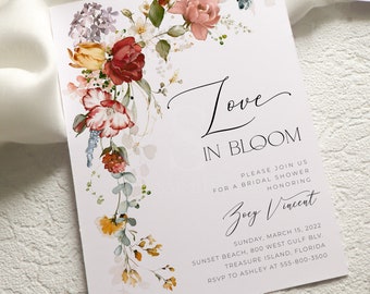 Floral Bridal Shower Invitation, Wildflower Love in Bloom Invite, Printable Template