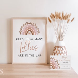 Boho Regenbogen erraten wie viele Lollies Zeichen + Karten, Boho Regenbogen Baby Shower Zeichen, Terrakotta Baby Shower Zeichen, Instant Download BR01