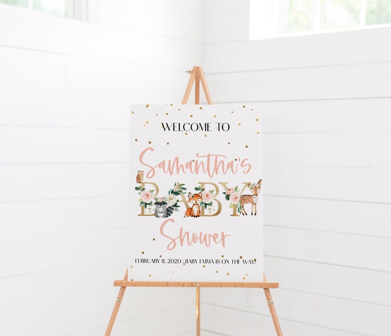 Forest Animals Boho Baby Shower Woodland Welcome Sign Floral Baby Shower Welcome Sign Gold Girl Baby Shower Sign Greenery Welcome Sign