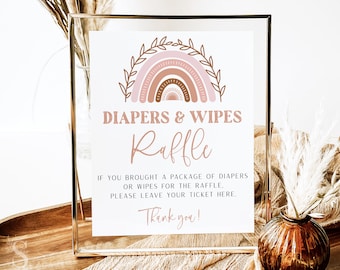 Signo de rifa de pañales, signo de rifa de pañales Boho Rainbow Baby Shower, 8x10", letrero de mesa de baby shower de terracota BR01