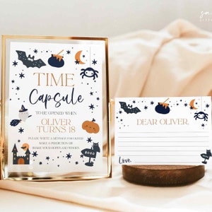 Halloween Birthday Time Capsule Sign and Cards , Spooky One Birthday Sign and Cards, Fully Editable