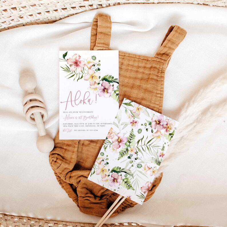 May include: A floral themed invitation with the text "Aloha!" and "Ali's 1st Birthday!"  The invitation is for a party on Saturday, July 15th at 2:00 in the afternoon. The address is 1234 Palm Tree Lane, Honolulu, HI. RSVP to Amanda at 555-4224.