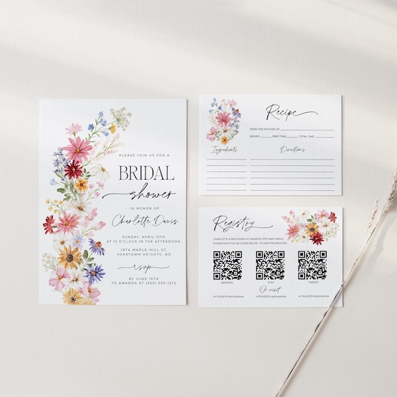 Wildflower Invitation Bundle, Floral Bridal Shower Invite, Wildflower Bridal Shower Invite, Recipe Card, Registry Card, Wildflower Invite